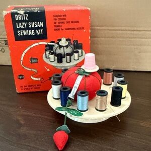 Vintage Dritz Lazy Susan Sewing Kit - Mid-Century Modern Desktop Organizer Japan